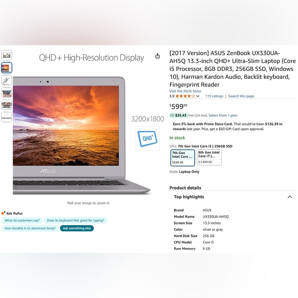 2017 Version ASUS ZenBook UX330UA-AH5Q 13.3-inch QHD+ Ultra-Slim Laptop i5
